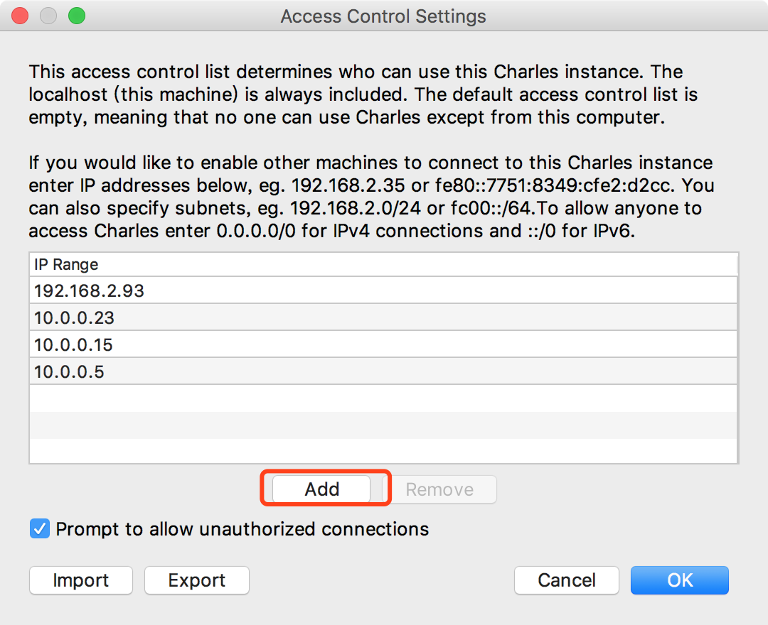 MAC版Charles抓不到包-底部提示 denying access from address not on ACL