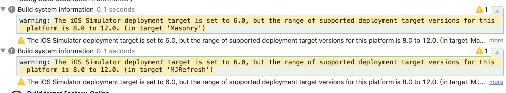 Xcode编译警告:warning: The iOS Simulator deployment target is set to 6.0, but the range of supported deployment target versions for this platform is 8.0 to 12.0. (in target 'Masonry')