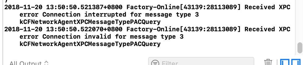 Xcode控制台打印：Received XPC error Connection interrupted for message type 3  kCFNetworkAgent XPCMessageTypePACQuery