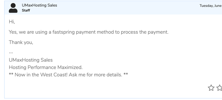 注意！UMaxHosting开始使用FastSpring(UMaxHosting只开通支持支付宝、信用卡、亚马逊支付、电汇)第三方支付并且关闭了PayPal通道，跑路警惕！