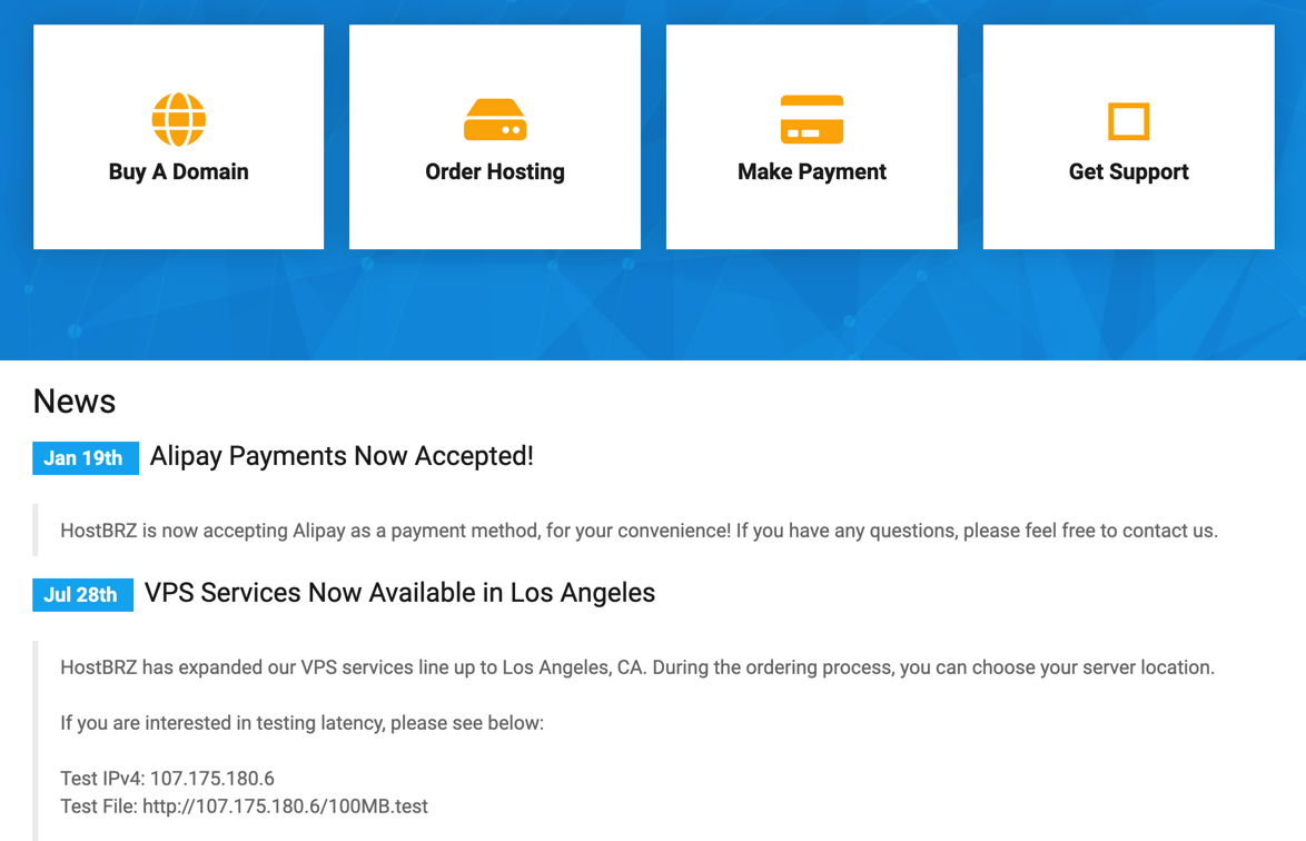 支持支付宝 - HostBRZ年付21美元OpenVZ虚拟化VPS，可以选择洛杉矶、达拉斯、芝加哥、纽约等数据中心