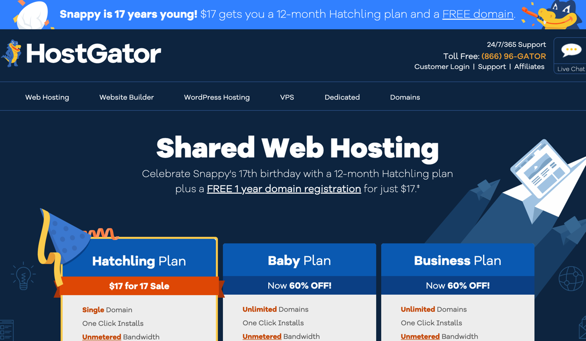 HostGator庆祝成立17周年，虚拟主机低至17美元/年 + 送一个域名