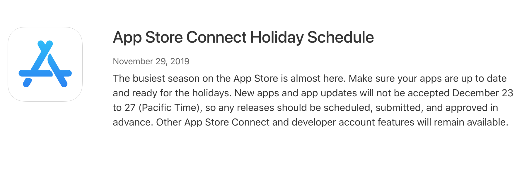 App Store Connect 放假安排